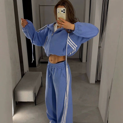 Women's Oversized Side Stripe Zip Hoodie Tracksuit Set