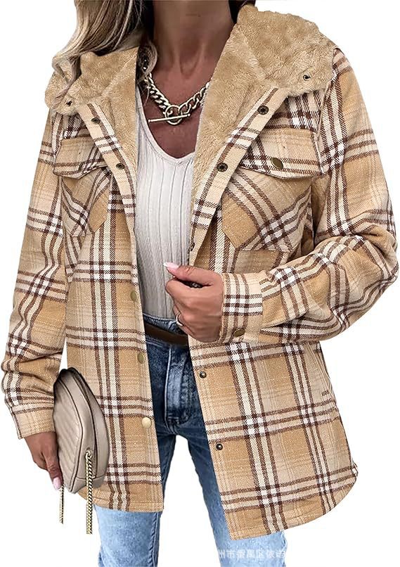 Women's Plaid Hooded Fleece Lined Wool Shacket