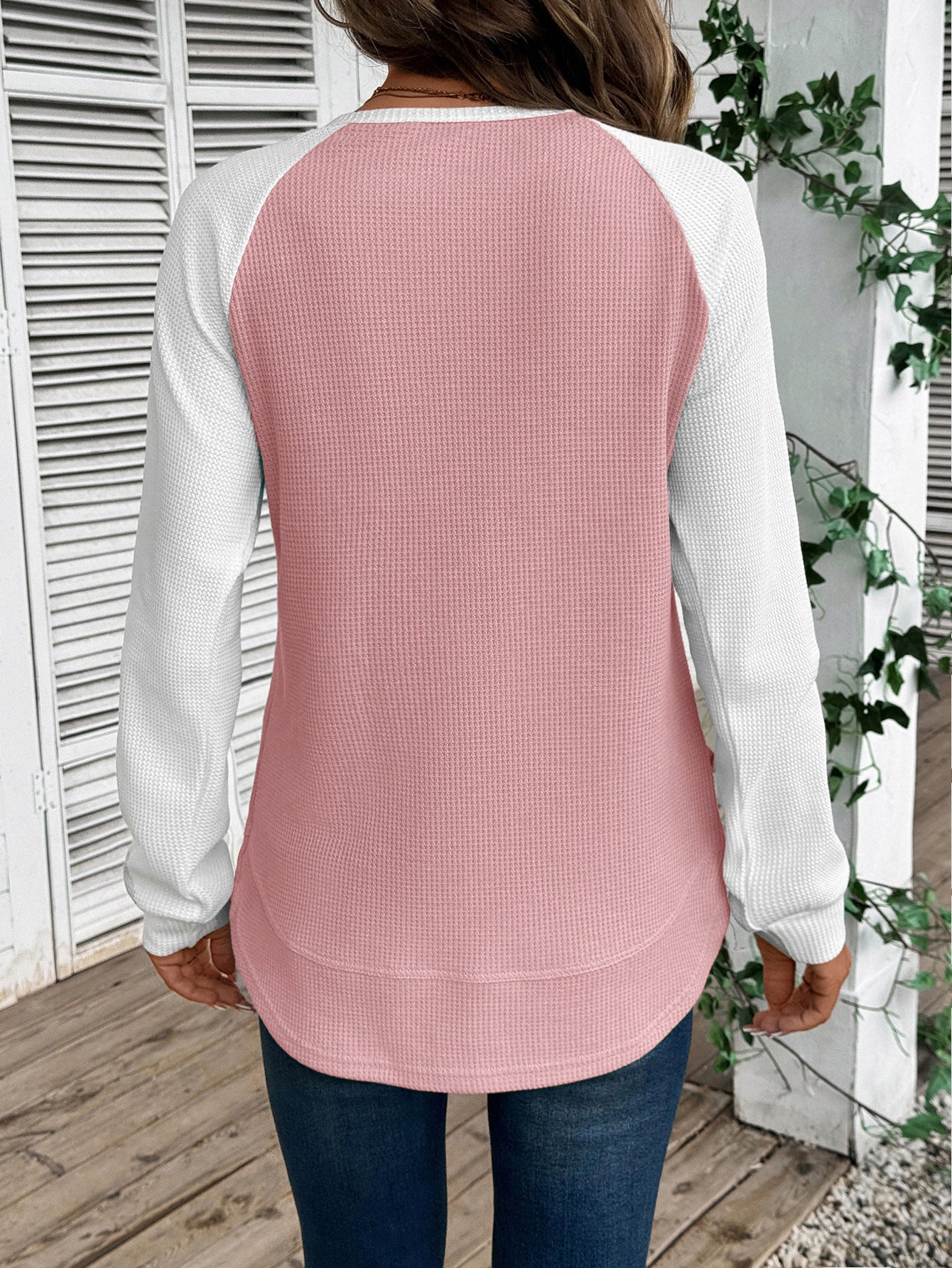 Colorblock Waffle Knit Long Sleeve Top Women Casual Tee