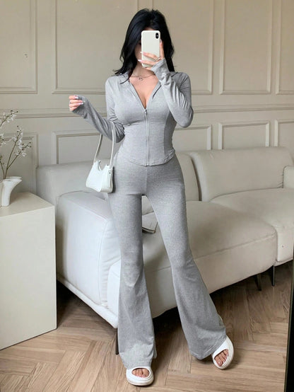 Sexy Zip Up Hoodie Flared Pants Two Piece Set
