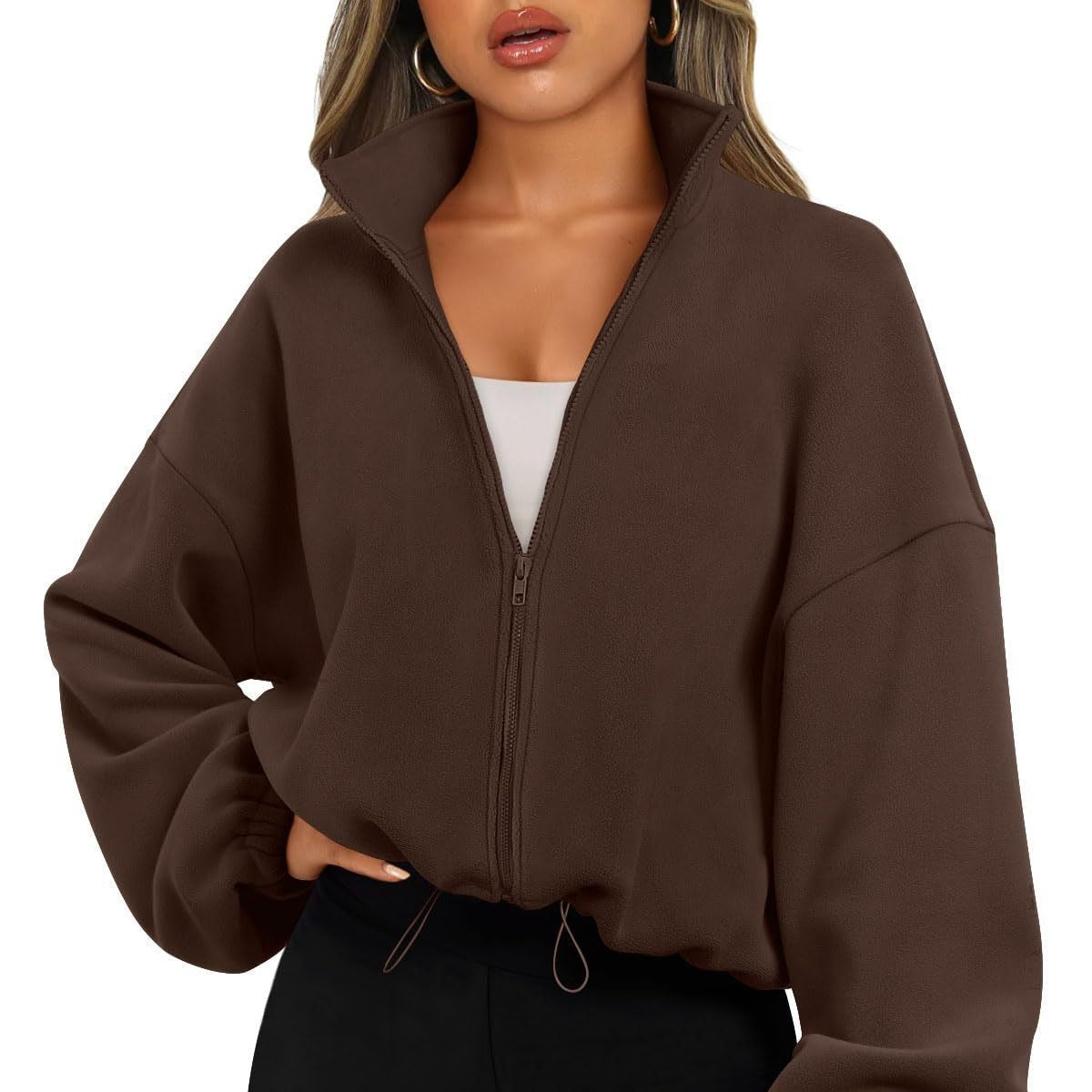 Women's Oversized Stand Collar Zip Up Fleece Jacket
