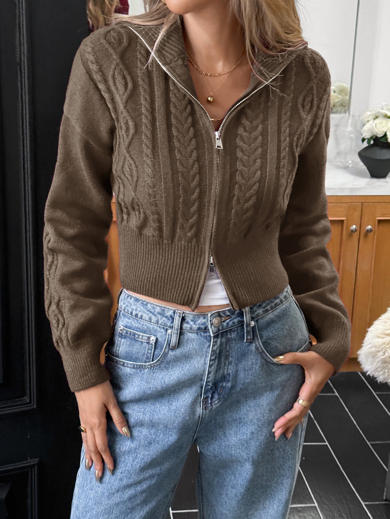 Women’s Y2K Zip Up Knit Sweater Jacket Long Sleeve Top
