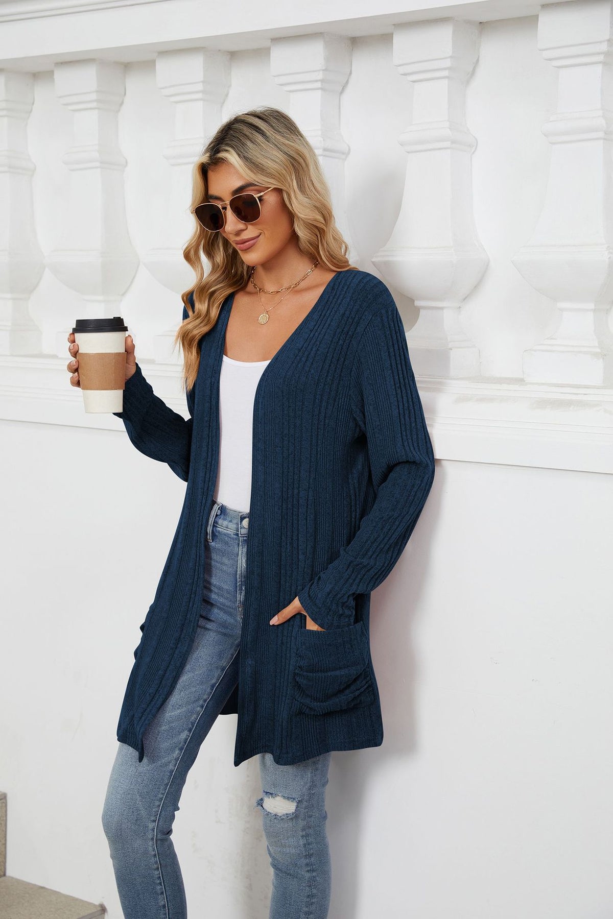 Women's Long Sleeve Ribbed Open Front Cardigan Pockets