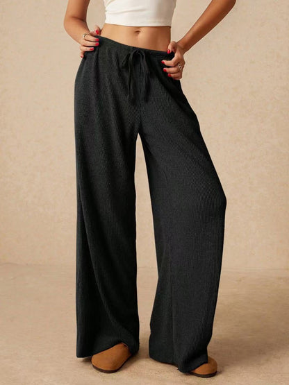Women's Ribbed Wide Leg Palazzo Pants Drawstring Casual