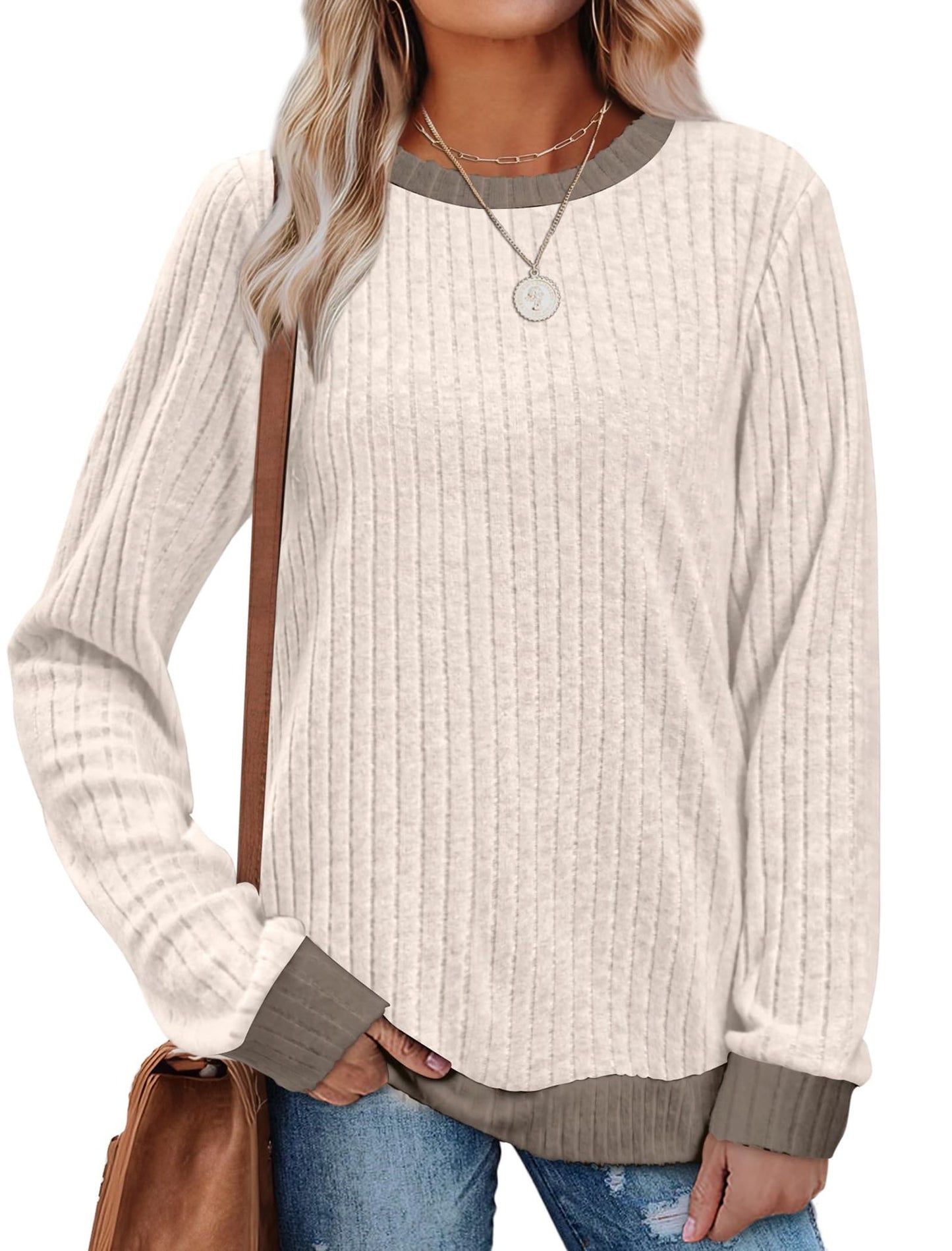 Women's Ribbed Long Sleeve Crew Neck Pullover Top