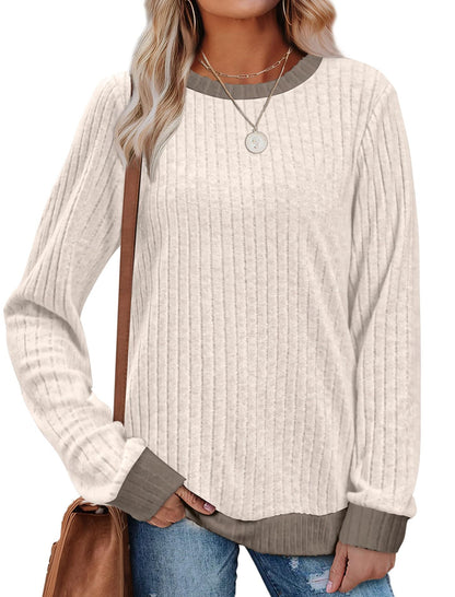 Women's Ribbed Long Sleeve Crew Neck Pullover Top