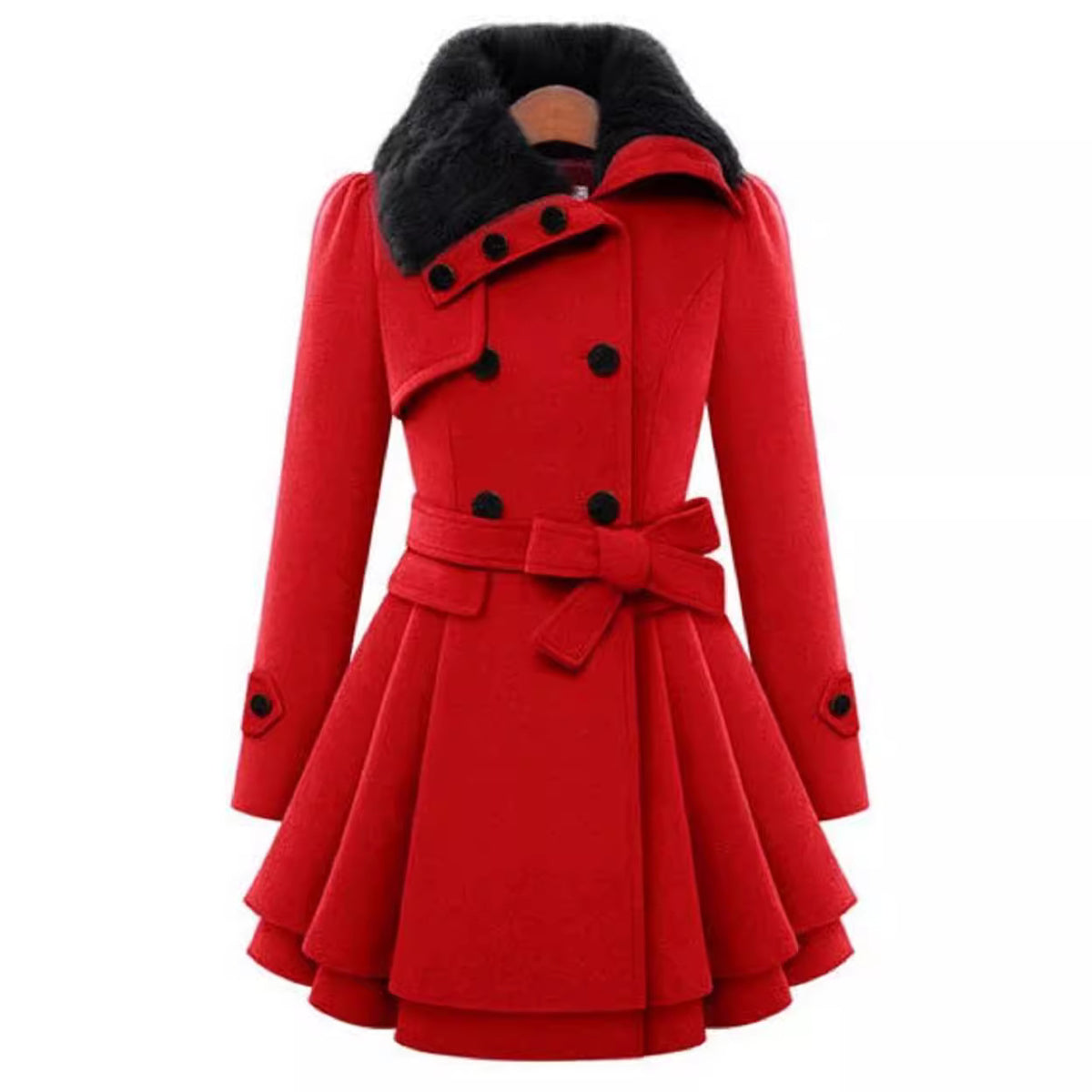 Women's Double Breasted Wool Coat Faux Fur Collar Swing
