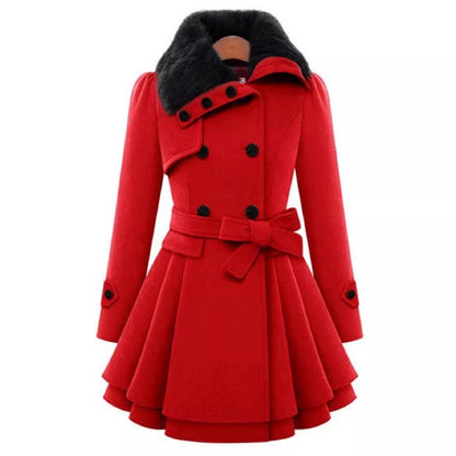 Women's Double Breasted Wool Coat Faux Fur Collar Swing