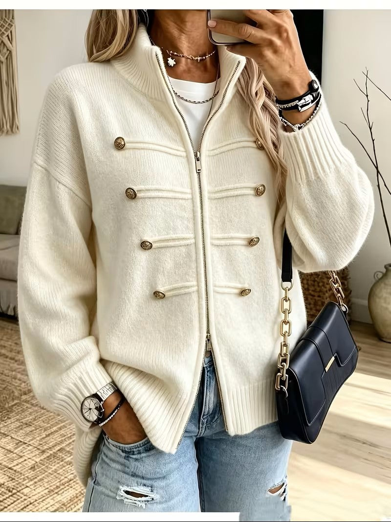 Womens Oversized Zip Up Cardigan Button Detail Mock Neck