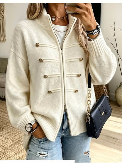 Womens Oversized Zip Up Cardigan Button Detail Mock Neck