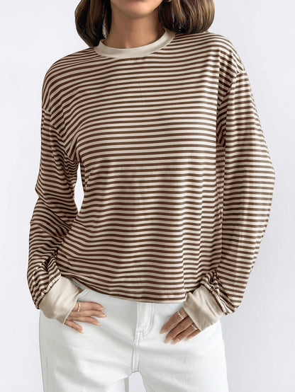 Pink Black Striped Long Sleeve Crew Neck Casual Tee