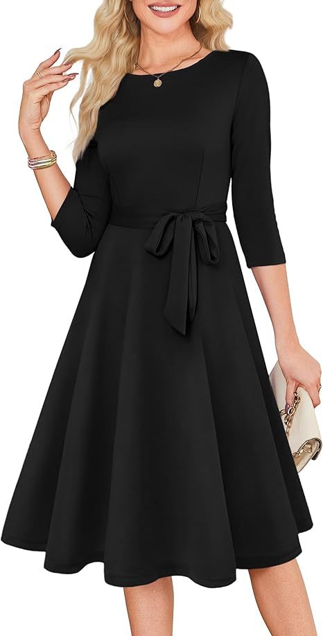 Womens A-Line Cocktail Dress 3/4 Sleeve Wedding Guest Midi