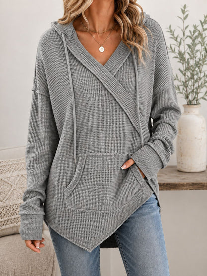 Women's Oversized Waffle Knit Hoodie V Neck Pullover