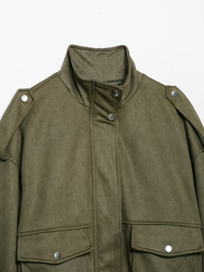 Women's Oversized Faux Suede Bomber Jacket Vintage