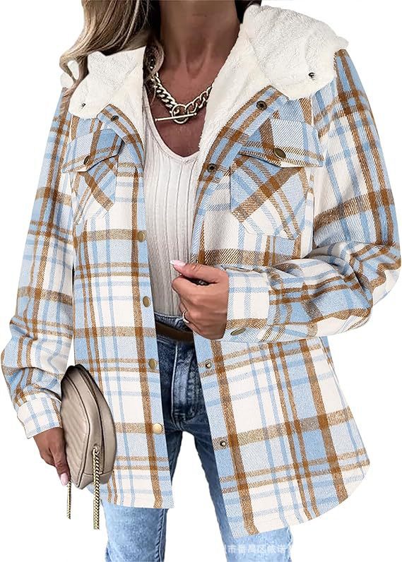 Women's Plaid Hooded Fleece Lined Wool Shacket