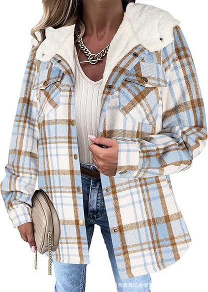 Women's Plaid Hooded Fleece Lined Wool Shacket