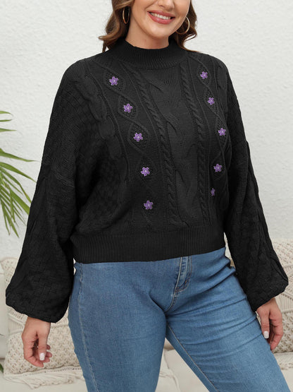 Women's Semi-turtleneck Lantern Sleeve Flower Embroidered Sweater