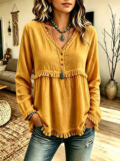 Women's V-Neck Fringe Long Sleeve Casual Blouse