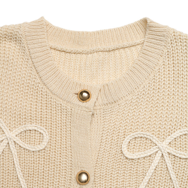 Sweet Bow Embroidered Button Front Knit Cardigan