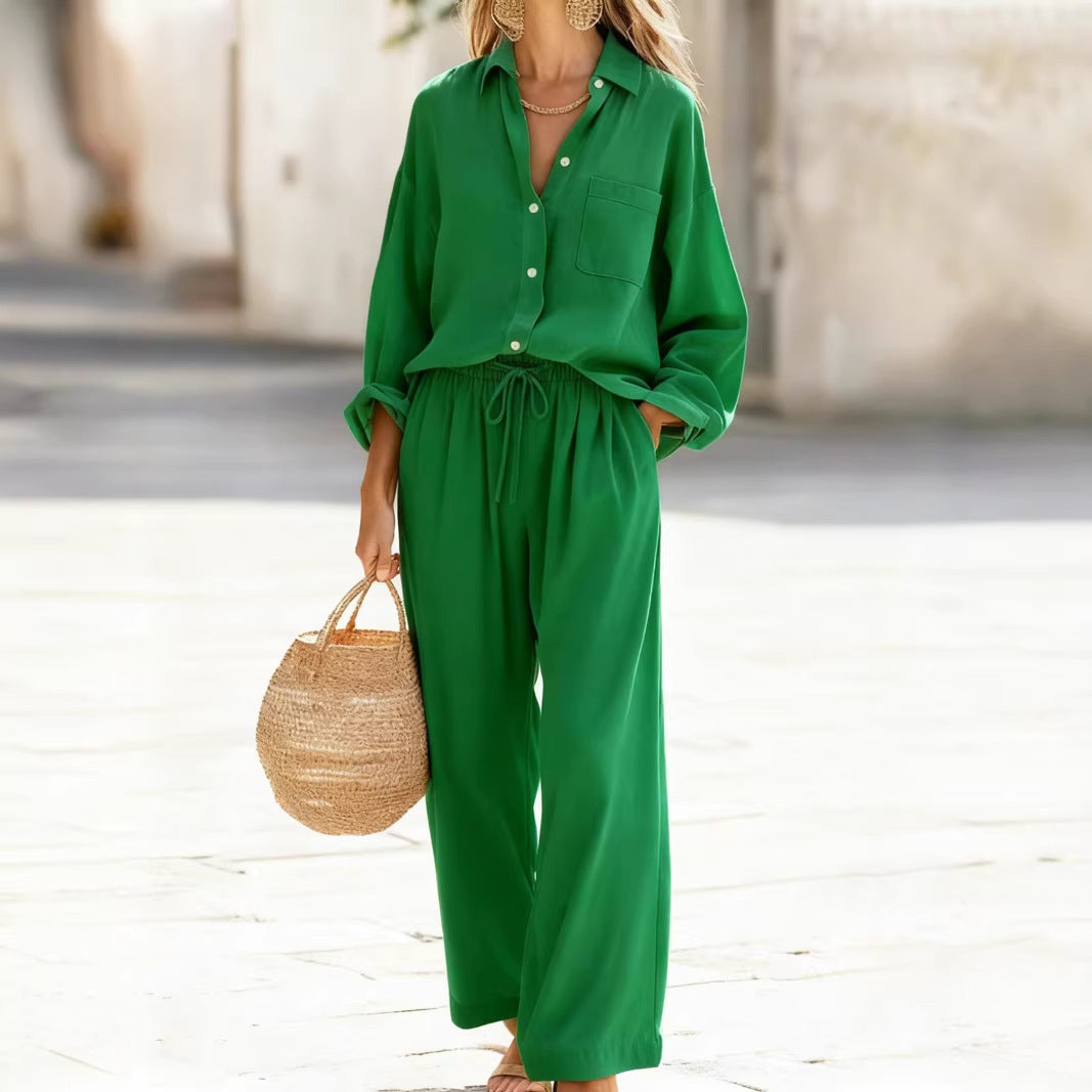 Women's Linen Look Shirt Pants Two Piece Set Casual Lounge