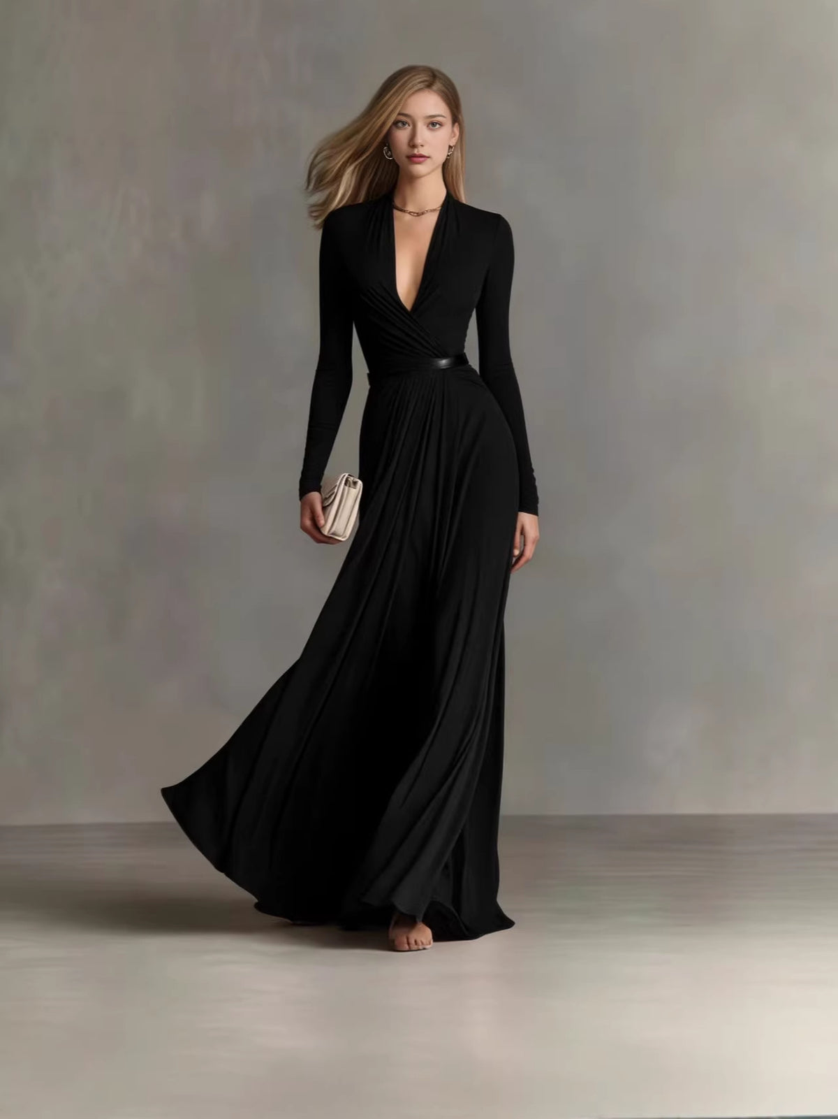 Elegant Deep V-Neck Long Sleeve Belted Maxi Dress