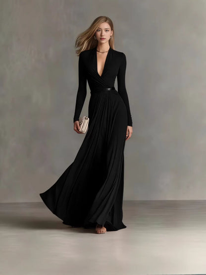 Elegant Deep V-Neck Long Sleeve Belted Maxi Dress