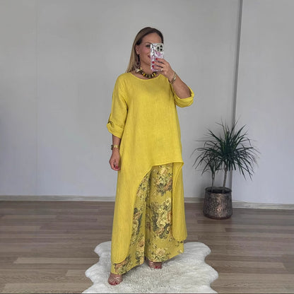 Women's Linen Asymmetric Top Floral Wide Leg Pants Set