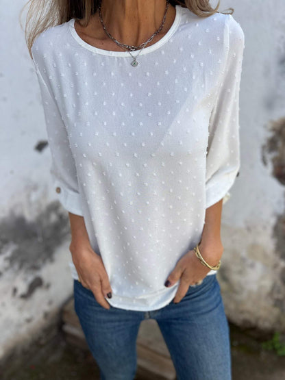 Women's Loose Swiss Dot Blouse 3/4 Sleeve Round Neck