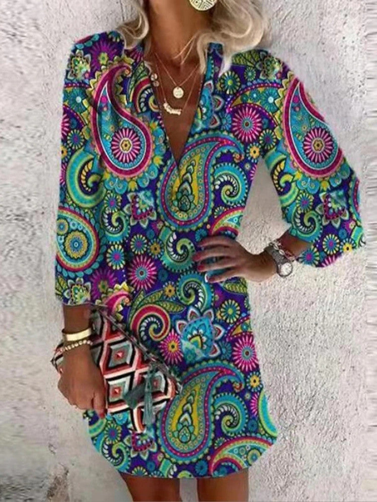 Women's Boho Floral V-Neck Button Front Mini Dress