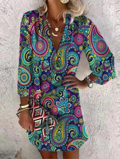 Women's Boho Floral V-Neck Button Front Mini Dress