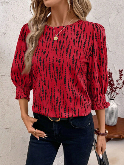 Women's Bow Print Smocked Blouse 3/4 Bell Sleeve Crew Neck