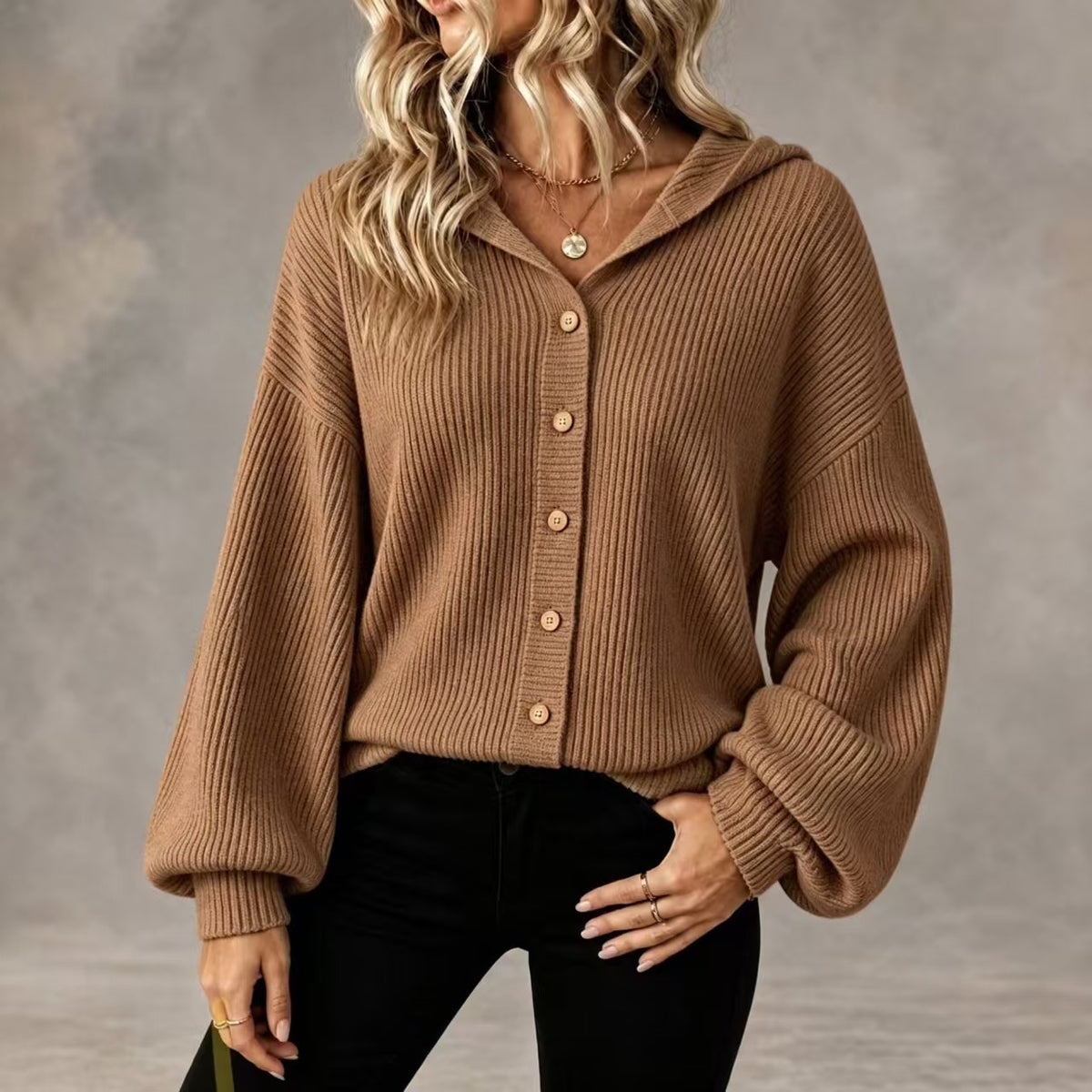 Womens Hooded Ribbed Cardigan Button Front Knit Sweater