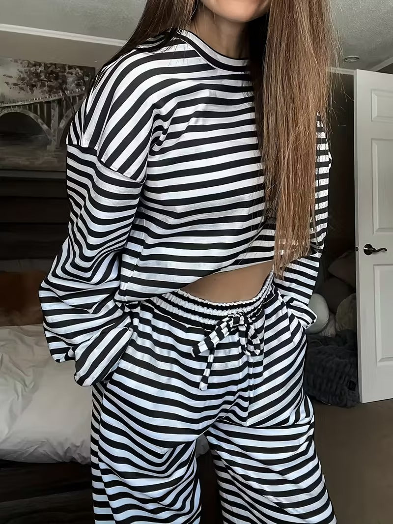 Women's Striped Lounge Set Two Piece Wide Leg Pants