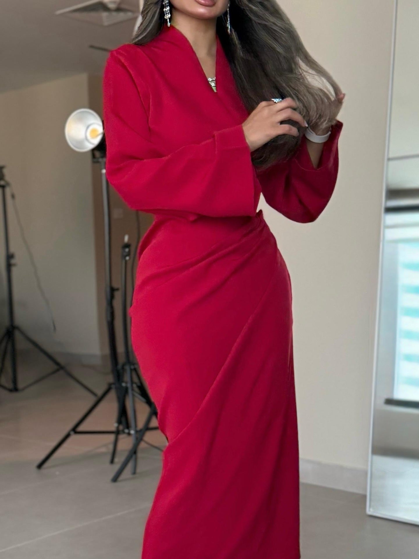 Women's Ruched V Neck Long Sleeve Red Midi Dress