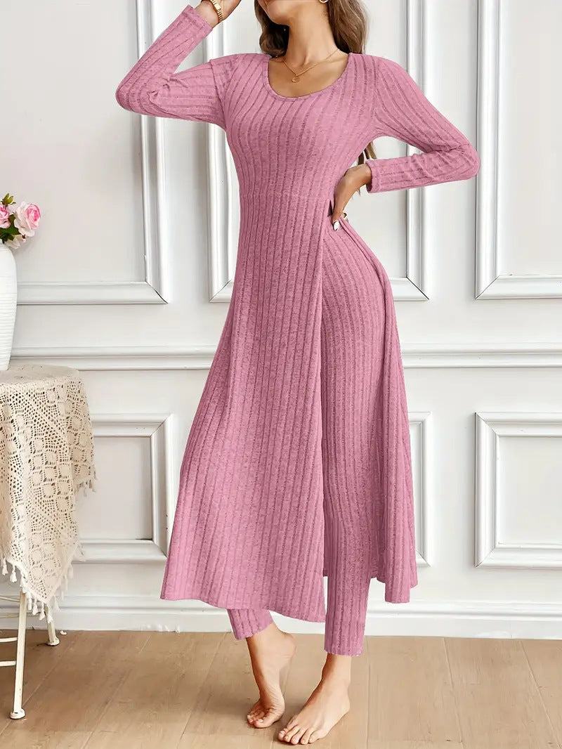 Women's Ribbed Knit Side Split Long Sleeve Two Piece Set