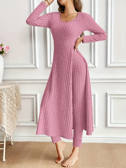 Women's Ribbed Knit Side Split Long Sleeve Two Piece Set