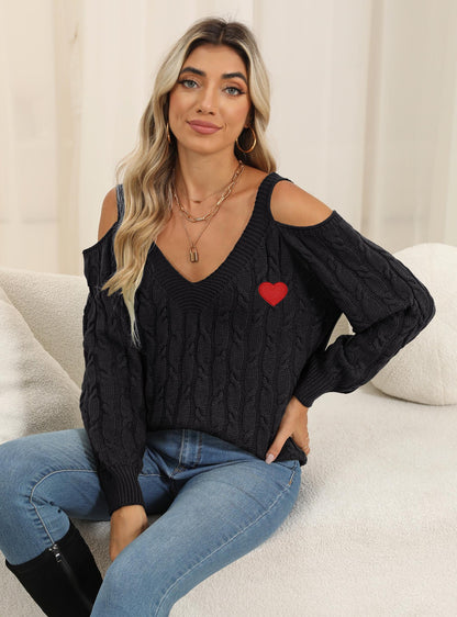 Women's Deep V Sexy Off-the-shoulder Love Pattern Bottoming Shirt