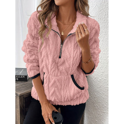 Jacquard Half Zip Plush Pullover Collared Sweatshirt