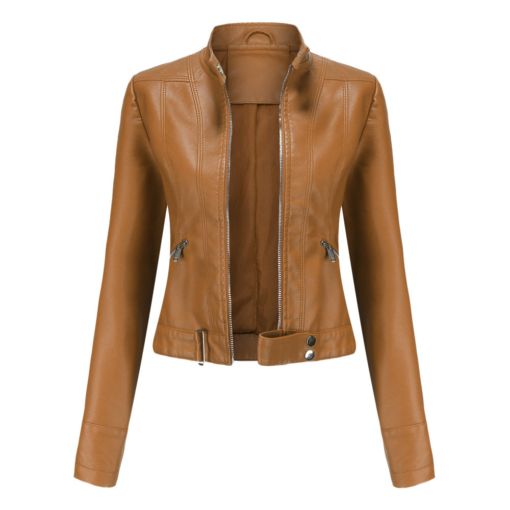 Women's Cropped Faux Leather Moto Jacket Stand Collar