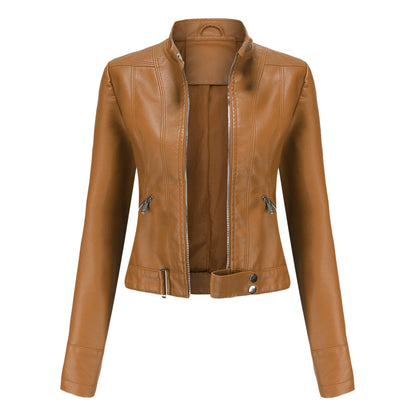 Women's Cropped Faux Leather Moto Jacket Stand Collar