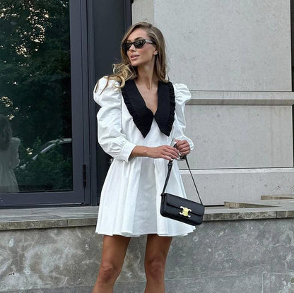 Women's Contrast Collar Puff Sleeve A-Line Mini Dress