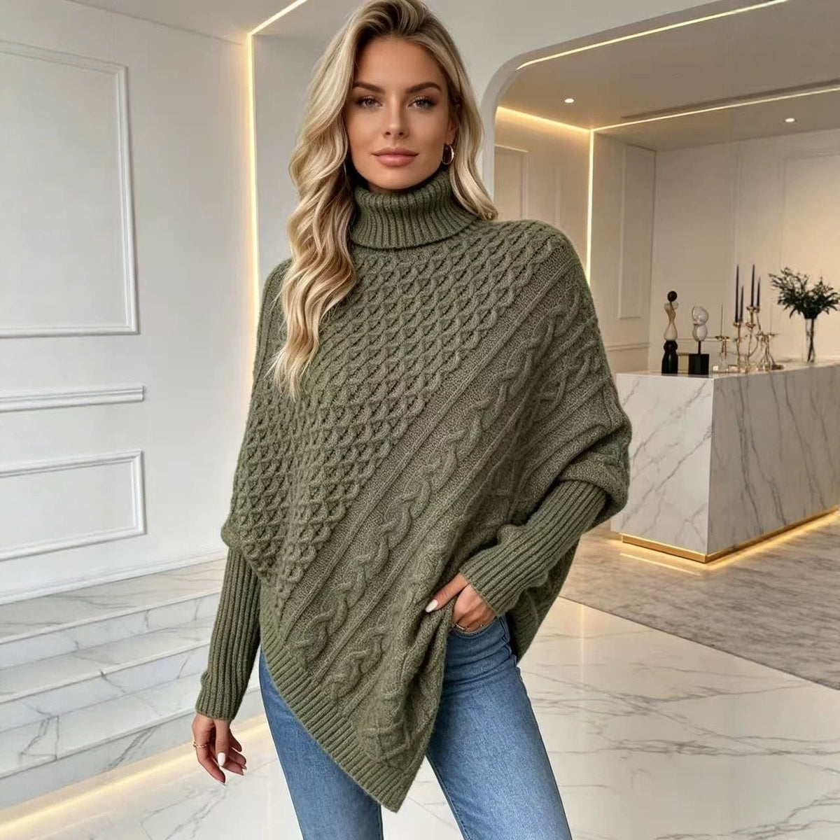Women's Oversized Cable Knit Turtleneck Poncho Sweater