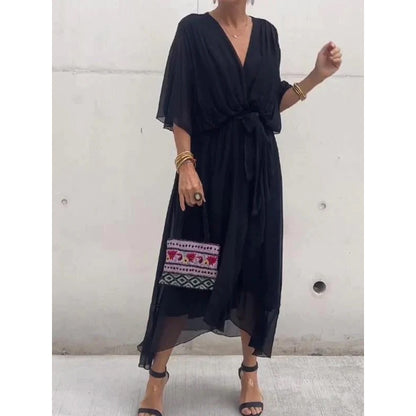 Women's V-Neck Batwing Chiffon Midi Dress Tie Waist Flowy