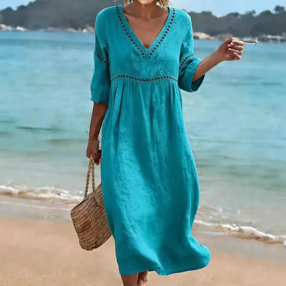 Women's V-Neck Eyelet Midi Dress Flowy 3/4 Sleeve