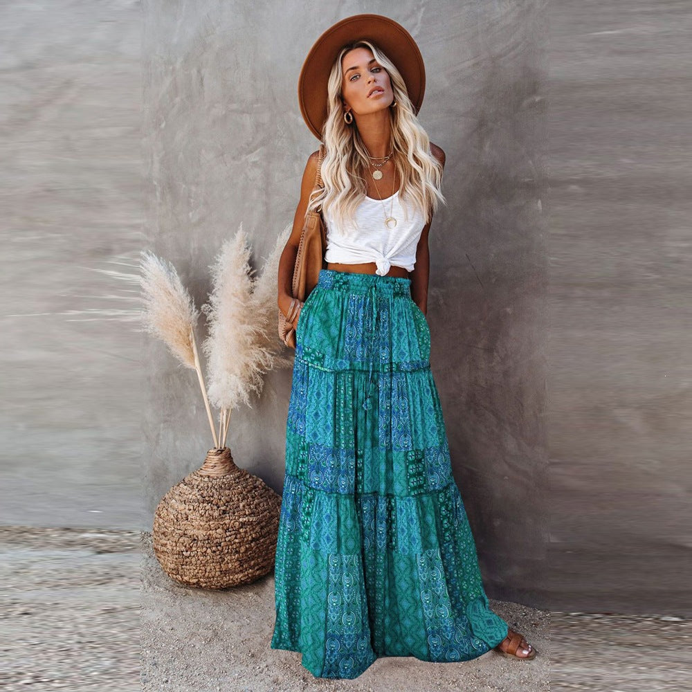 Boho Print Maxi Skirt High Waist Flowy Patchwork