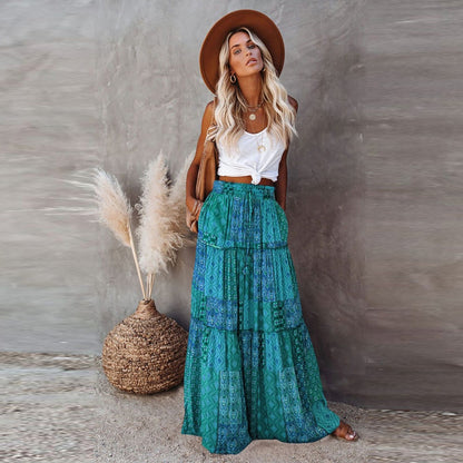 Boho Print Maxi Skirt High Waist Flowy Patchwork