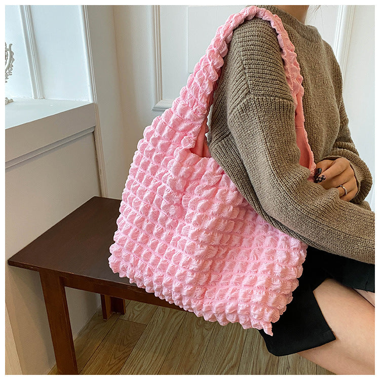Textured Bubble Knit Shoulder Tote in Rose Pink