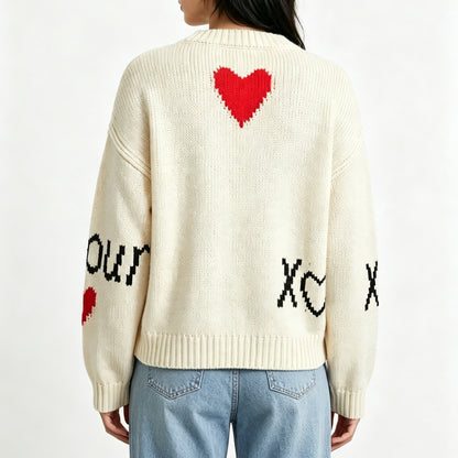 Women's Love Heart Crew Neck Knit Sweater Long Sleeve