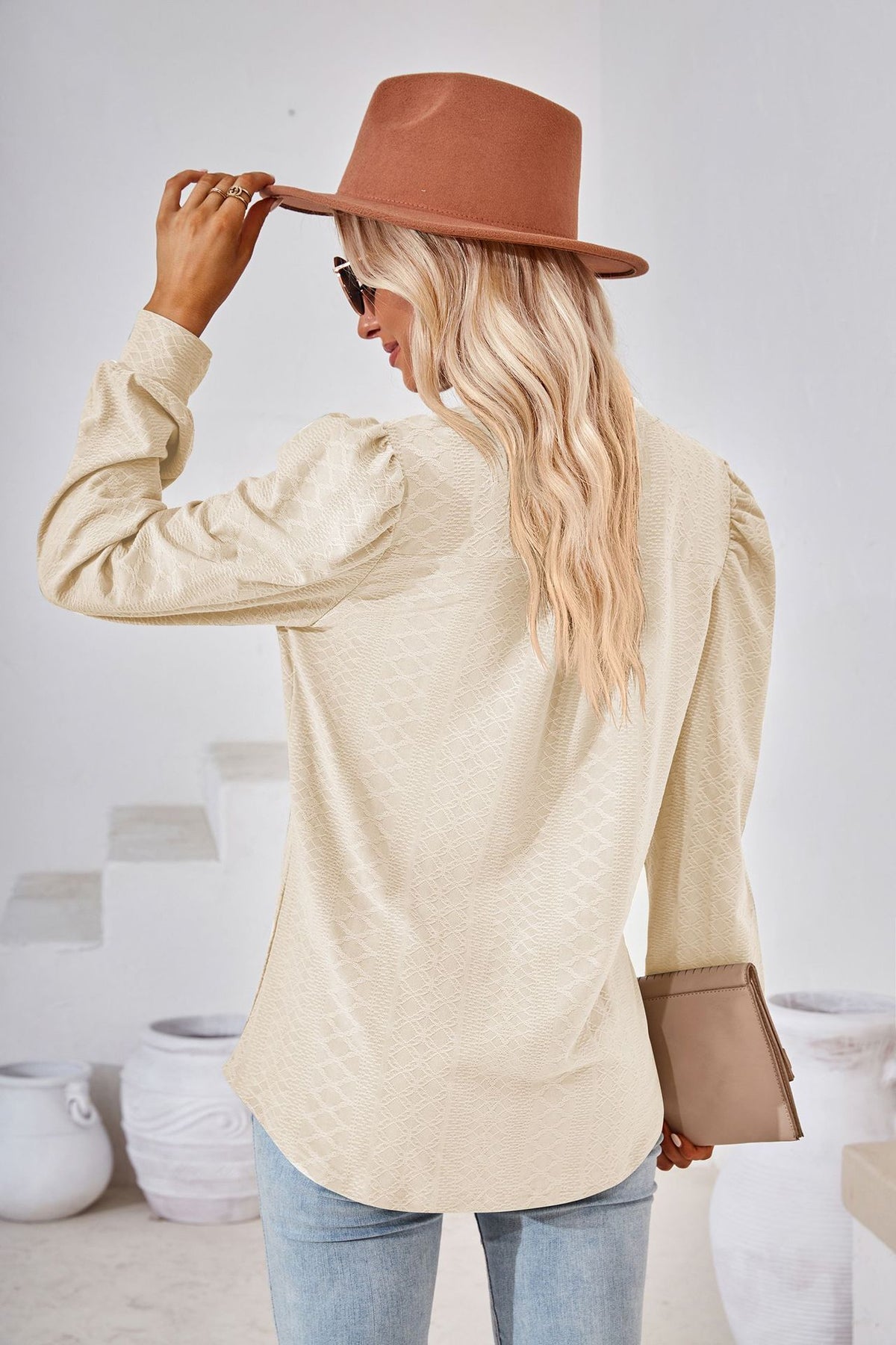 Women's V Neck Puff Sleeve Textured Tunic Top Long Sleeve