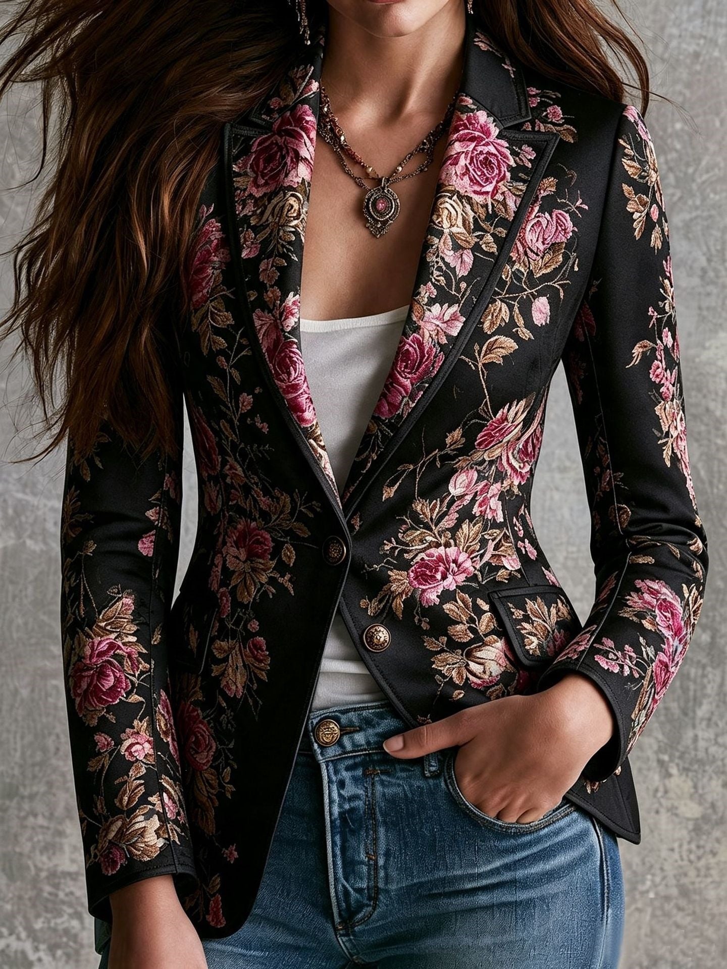 Women's Vintage Floral Faux Suede Blazer